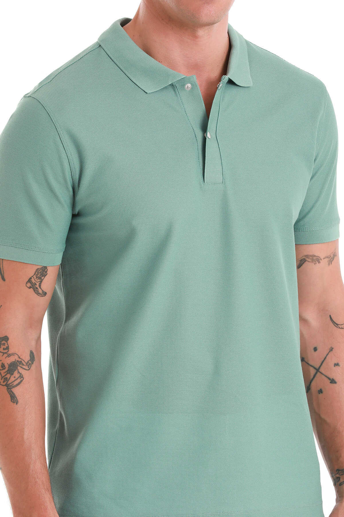 Yeşil Regular Fit Merserize Polo Yaka Pamuklu Tişört - 5