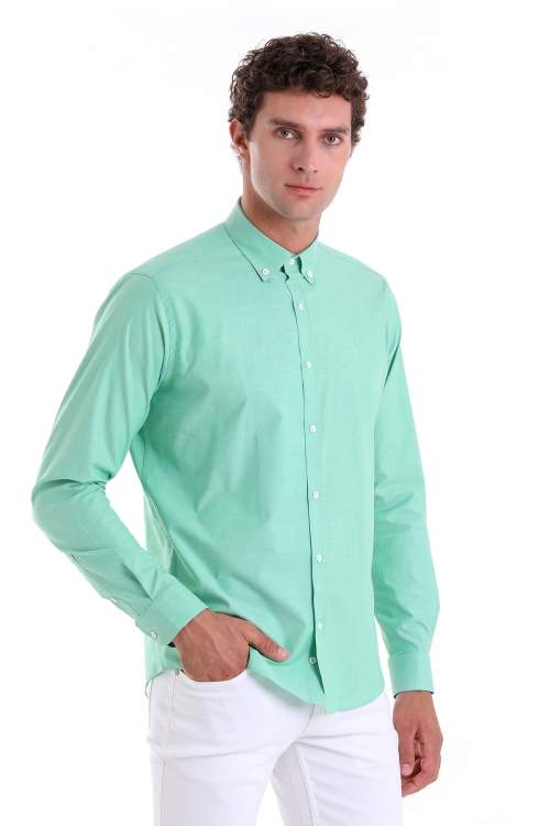 Hatem Saykı - Yeşil Slim Fit Düz 100% Pamuk Düğmeli Yaka Uzun Kollu Klasik Gömlek