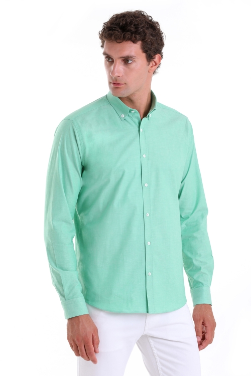 Yeşil Slim Fit Düz 100% Pamuk Düğmeli Yaka Uzun Kollu Klasik Gömlek - Thumbnail (1)