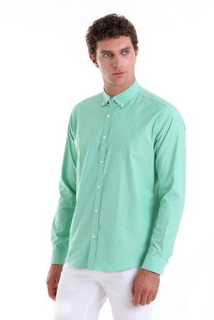 Yeşil Slim Fit Düz 100% Pamuk Düğmeli Yaka Uzun Kollu Klasik Gömlek - Thumbnail