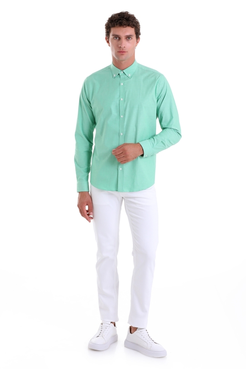 Yeşil Slim Fit Düz 100% Pamuk Düğmeli Yaka Uzun Kollu Klasik Gömlek - Thumbnail (3)