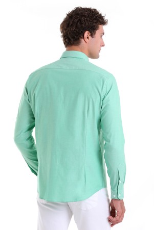 Yeşil Slim Fit Düz 100% Pamuk Düğmeli Yaka Uzun Kollu Klasik Gömlek - Thumbnail