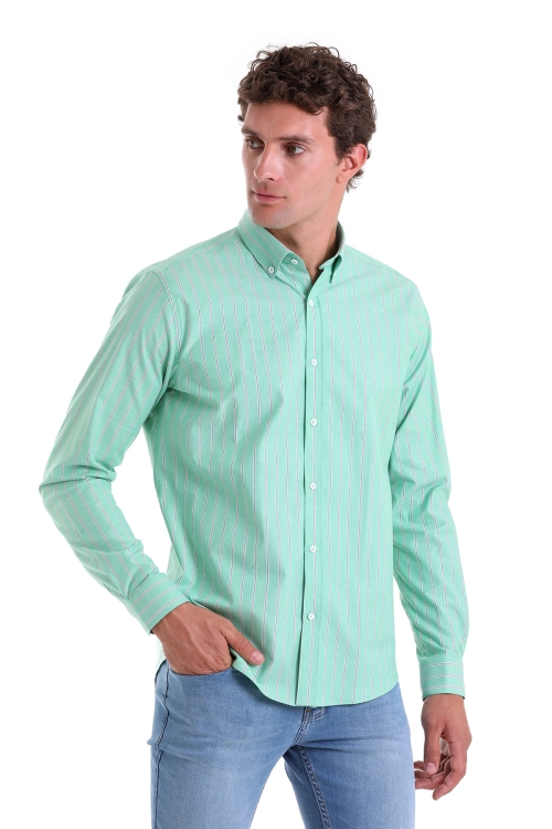 Hatem Saykı - Yeşil Slim Fit Çizgili Pamuklu Düğmeli Yaka Uzun Kollu Casual Gömlek