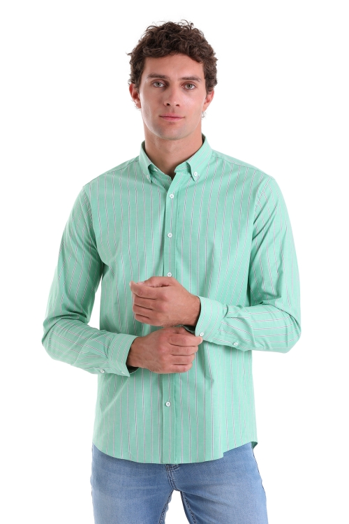 Yeşil Slim Fit Çizgili Pamuklu Düğmeli Yaka Uzun Kollu Casual Gömlek - Thumbnail (1)