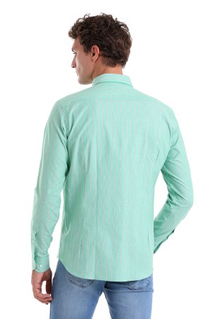 Yeşil Slim Fit Çizgili Pamuklu Düğmeli Yaka Uzun Kollu Casual Gömlek - Thumbnail