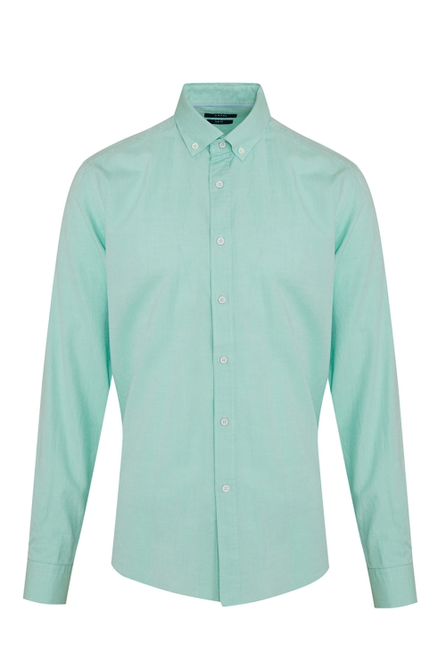 Hatem Saykı - Yeşil Slim Fit Düz 100% Pamuk Düğmeli Yaka Uzun Kollu Casual Gömlek