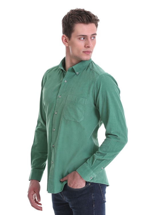 Hatem Saykı - Yeşil Slim Fit Düz 100% Pamuklu Düğmeli Yaka Uzun Kollu Klasik Gömlek