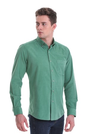Yeşil Slim Fit Düz 100% Pamuklu Düğmeli Yaka Uzun Kollu Klasik Gömlek - Thumbnail