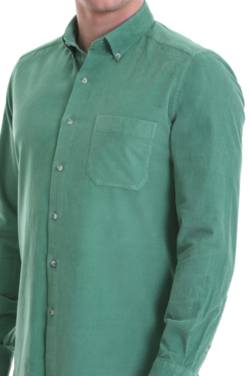 Yeşil Slim Fit Düz 100% Pamuklu Düğmeli Yaka Uzun Kollu Klasik Gömlek - Thumbnail (2)