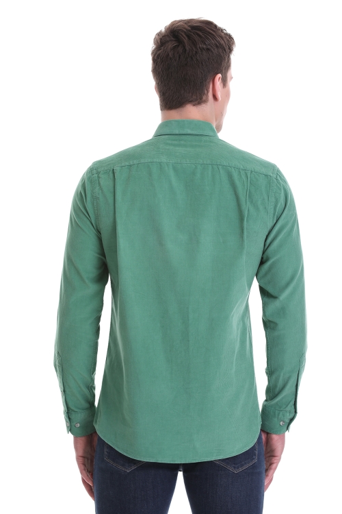 Yeşil Slim Fit Düz 100% Pamuklu Düğmeli Yaka Uzun Kollu Klasik Gömlek - Thumbnail (3)