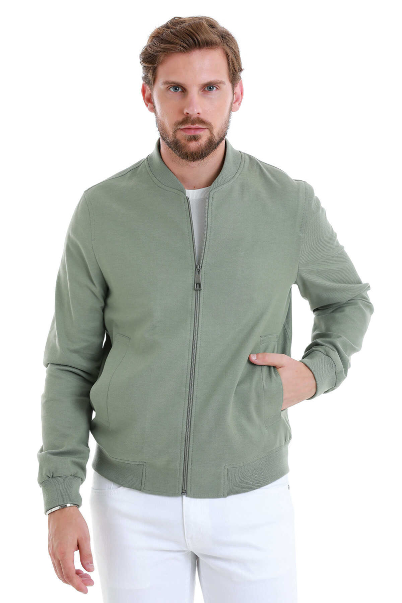 Yeşil Slim Fit Dik Yaka Basic Mevsimlik Mont - Hatem Saykı