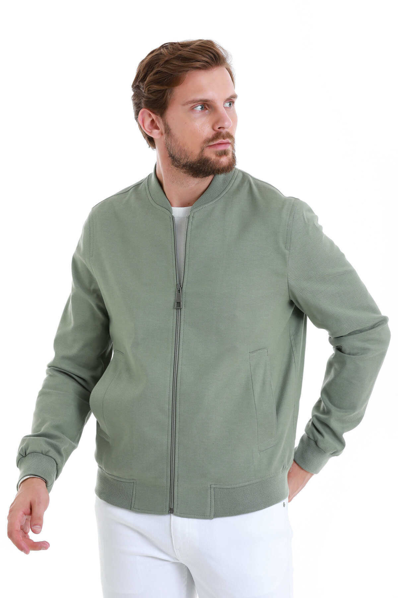 Yeşil Slim Fit Dik Yaka Basic Mevsimlik Mont - Hatem Saykı (1)