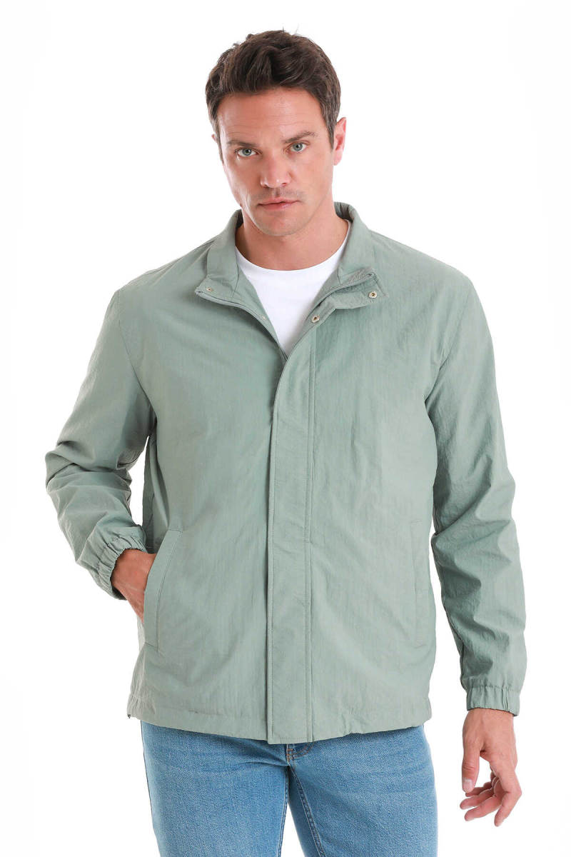 Yeşil Slim Fit Düz Dik Yaka Mevsimlik Mont - HTML