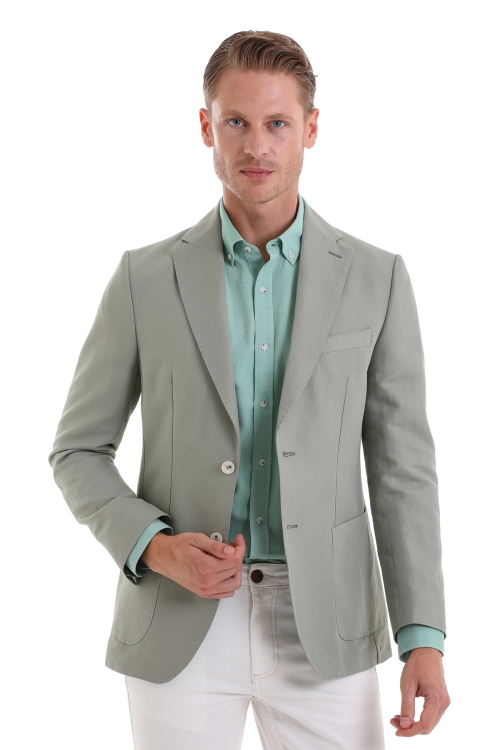 Hatem Saykı - Yeşil Slim Fit Düz Mono Yaka Casual Keten Ceket
