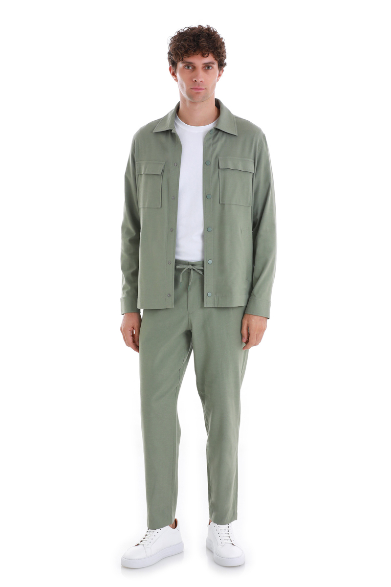 Yeşil Slim Fit Mono Yaka Pamuklu Overshirt Takım - Hatem Saykı