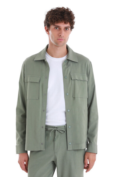 Yeşil Slim Fit Mono Yaka Pamuklu Overshirt Takım - 2