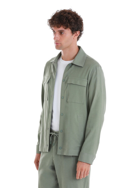 Yeşil Slim Fit Mono Yaka Pamuklu Overshirt Takım - 3