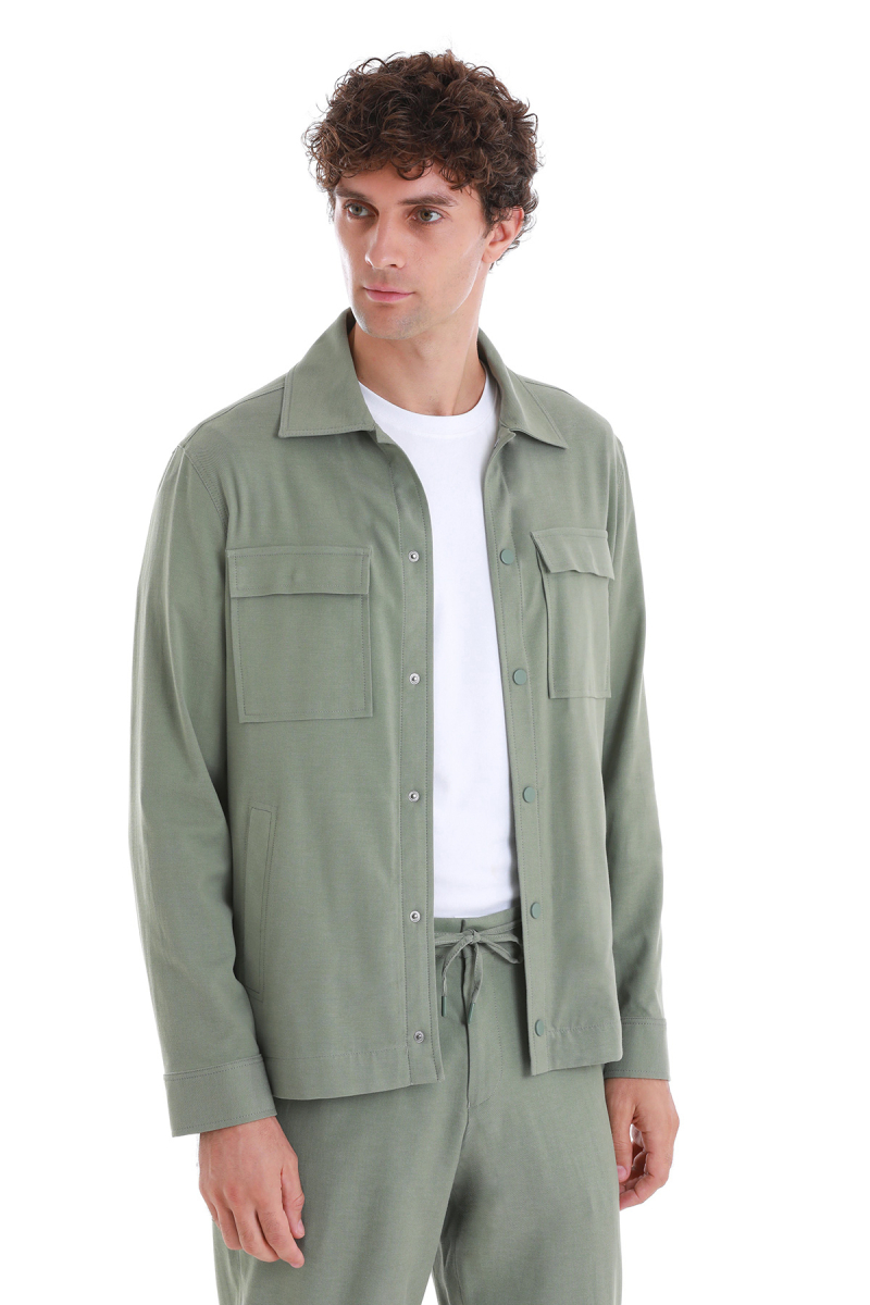 Yeşil Slim Fit Mono Yaka Pamuklu Overshirt Takım - Hatem Saykı (1)