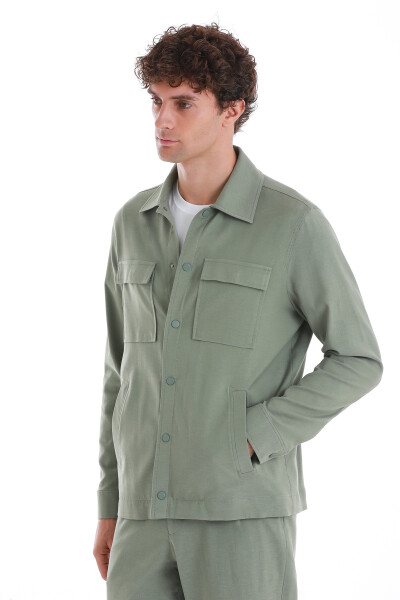 Yeşil Slim Fit Mono Yaka Pamuklu Overshirt Takım - 5
