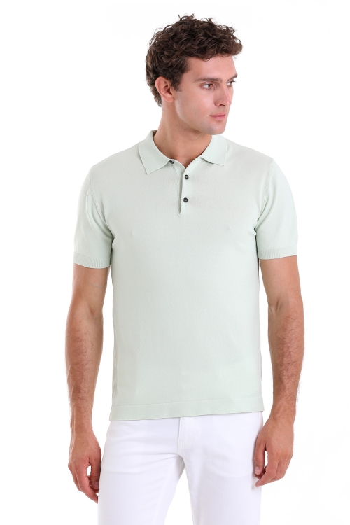 Hatem Saykı - Yeşil Comfort Fit Düz Polo Yaka Rayon Triko Tişört