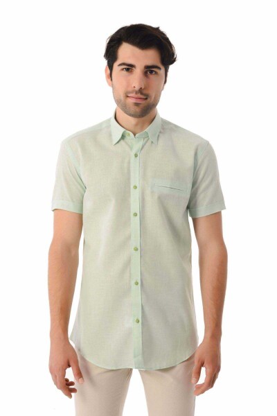 Yeşil Slim Fit Kısa Kol Keten Gömlek - 1