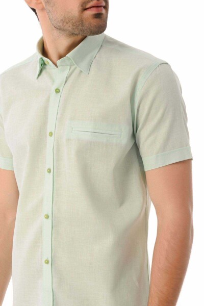 Yeşil Slim Fit Kısa Kol Keten Gömlek - 4