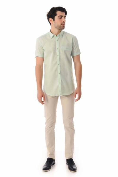 Yeşil Slim Fit Kısa Kol Keten Gömlek - 7